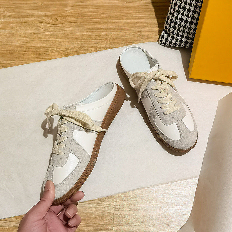 Retro Port-Facial Round-Tip Multi-Color Casual Sneakers with Lace-up Design, School Uniform Style White Sneakers for Women, Spring-Autumn Season
