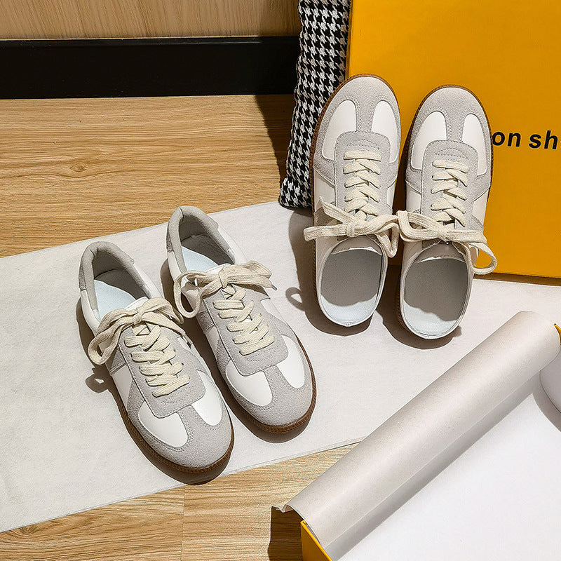 Retro Port-Facial Round-Tip Multi-Color Casual Sneakers with Lace-up Design, School Uniform Style White Sneakers for Women, Spring-Autumn Season