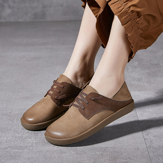 Handcrafted Vintage Women's Shoes - Genuine Leather Round-Toe Slip-On Loafers