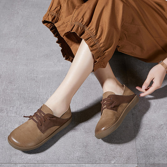 Handcrafted Vintage Women's Shoes - Genuine Leather Round-Toe Slip-On Loafers