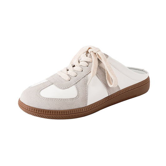 Retro Port-Facial Round-Tip Multi-Color Casual Sneakers with Lace-up Design, School Uniform Style White Sneakers for Women, Spring-Autumn Season